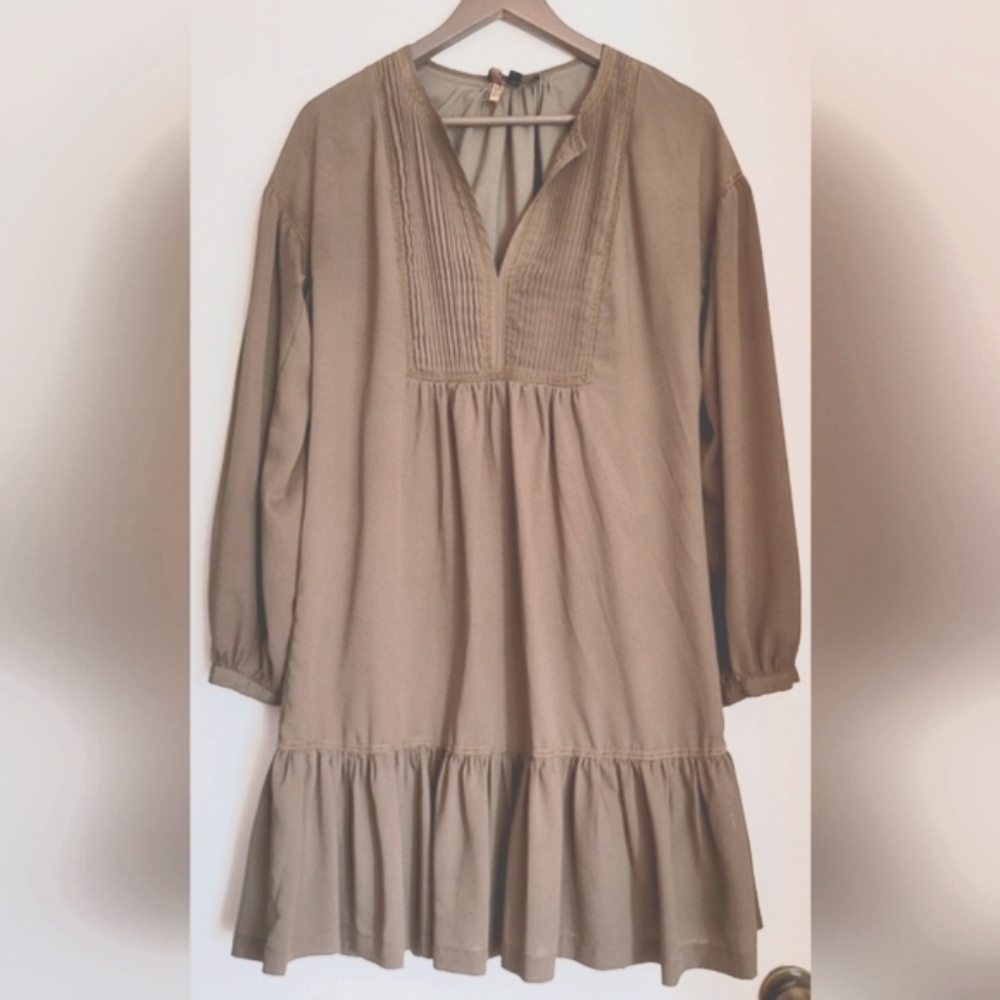 Babydoll Mini Dress Cottage Prarie Olive Green Long Sleeve Drop Waist Ruffle Hem